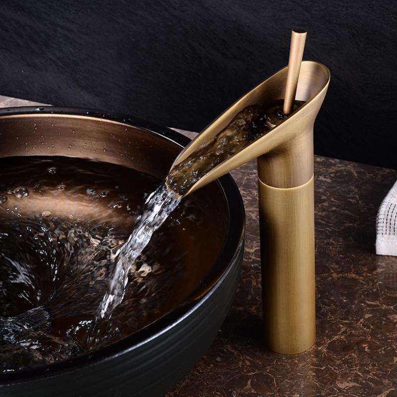 Waterfall Bathroom Faucet  Antique Brass Single Handle Design - Product showcase