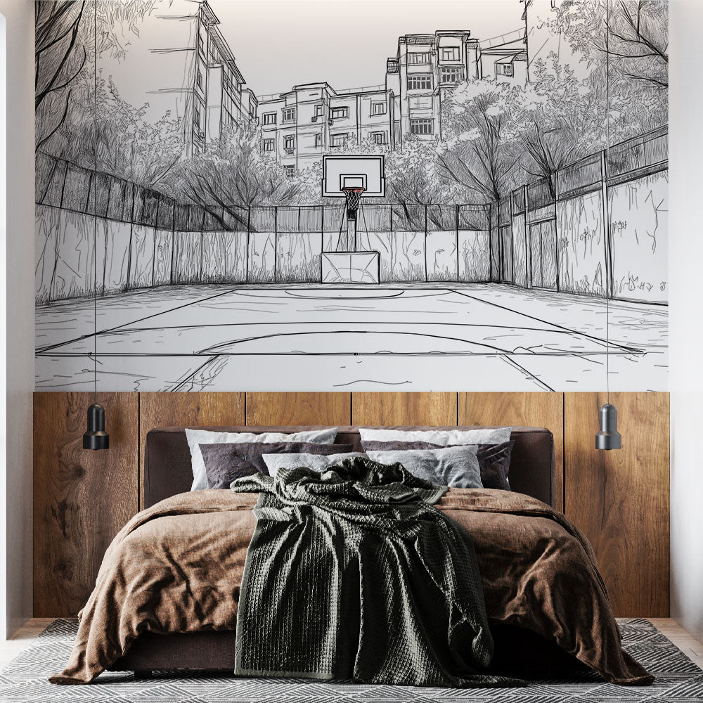 Basketball court mural wallpaper displayed in a modern teen bedroom, showing urban sketch design with natural lighting