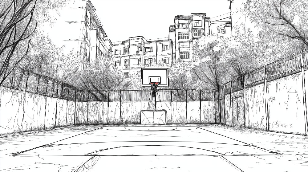 Urban basketball court design file showing detailed architectural sketch pattern in monochrome style