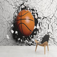 Basketball 3D Breaking Wall Mural installed in a modern teen bedroom, showing dramatic depth effect and sporty atmosphere