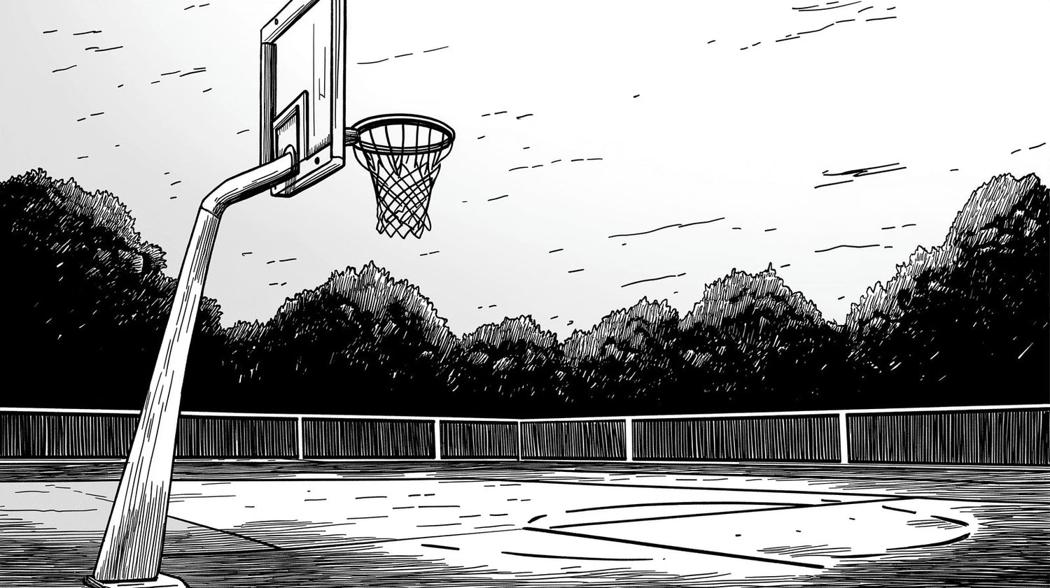 Basketball court wallpaper in modern teen bedroom showing black and white urban design with dramatic court perspective