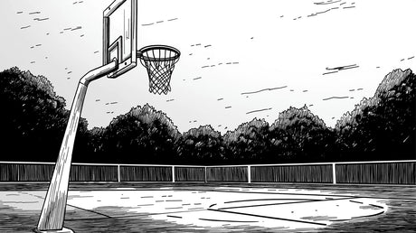 Basketball court wallpaper in modern teen bedroom showing black and white urban design with dramatic court perspective
