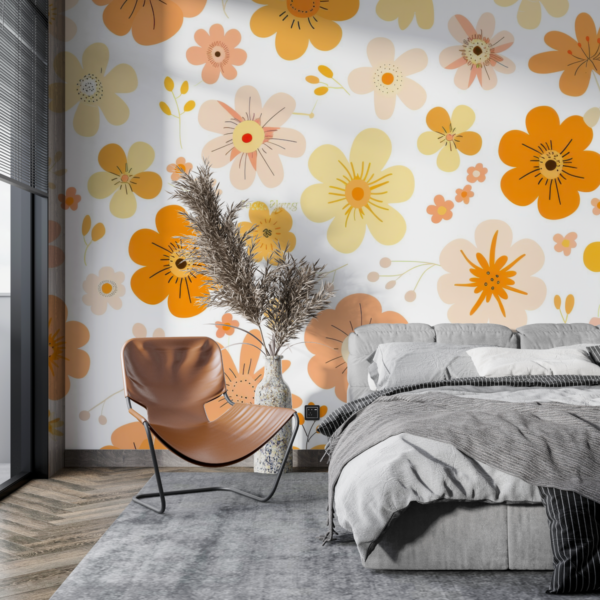 Floral Mural Wallpaper | Retro Orange and Yellow Blooms