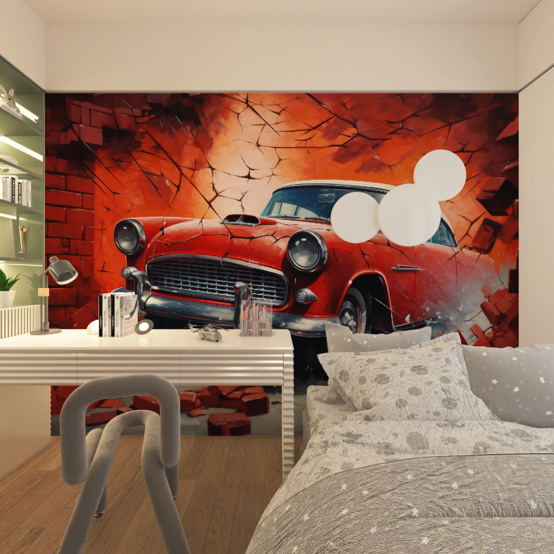 Vintage Car Mural Wallpaper | Classic Red Automobile Through Brick Wall
