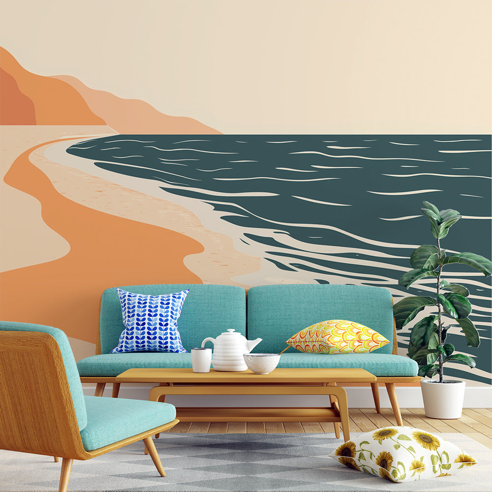 Abstract beach wallpaper in modern living room showing minimalist coastal design with terracotta and teal tones