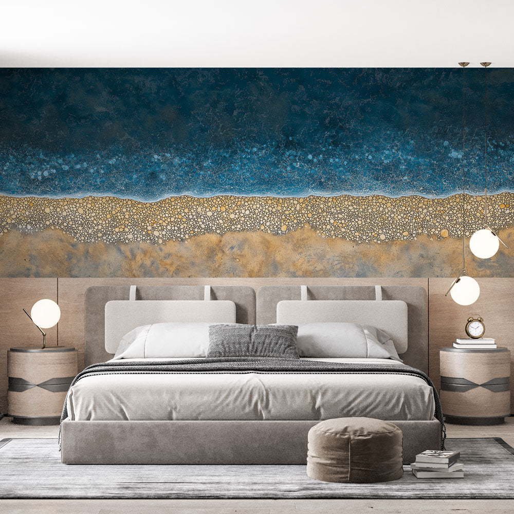 Beach wallpaper mural creating a serene atmosphere in a modern living room with clean lines and natural light