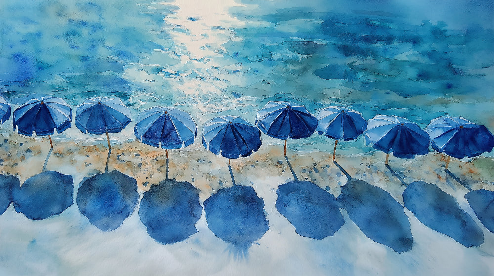 Beach parasols design file showing detailed watercolor pattern of Mediterranean shoreline