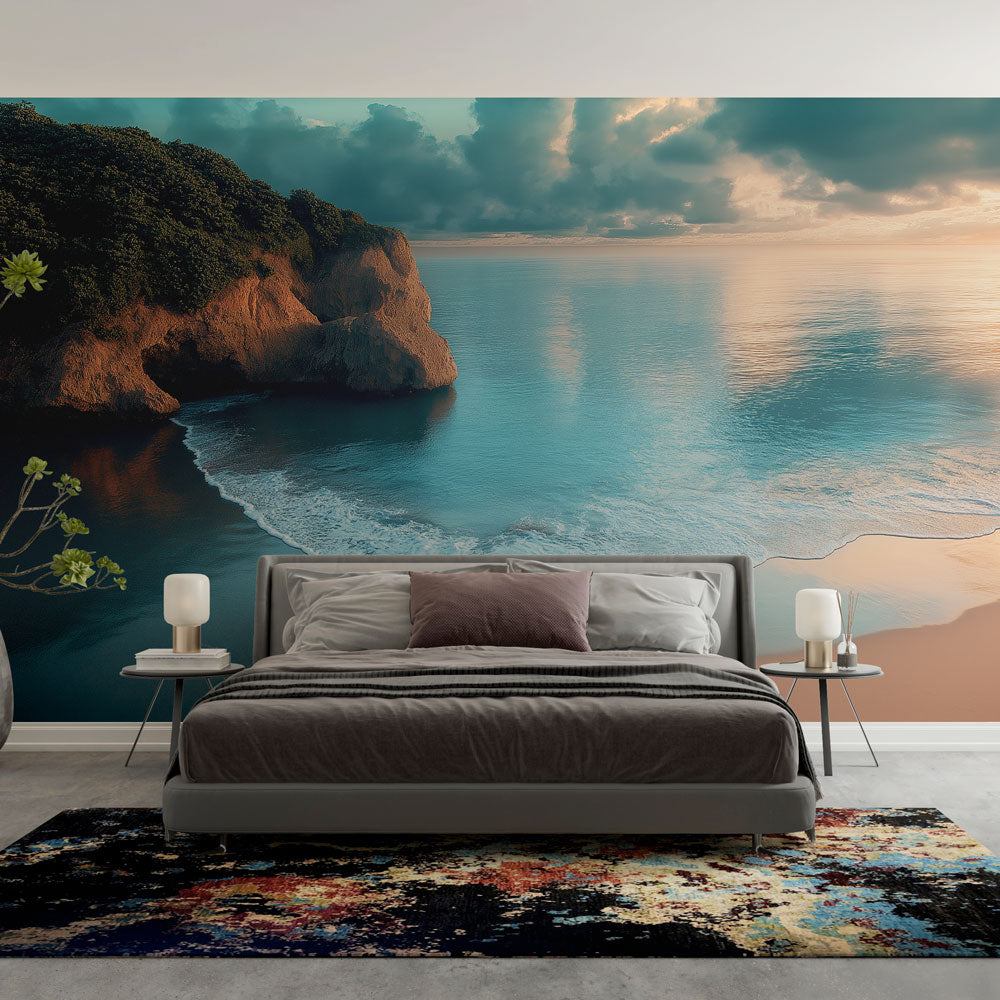Beach mural wallpaper with golden sunrise transforms modern living room into coastal retreat