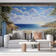 Beach scene wallpaper creating a sunny coastal atmosphere in a modern living room with white furniture