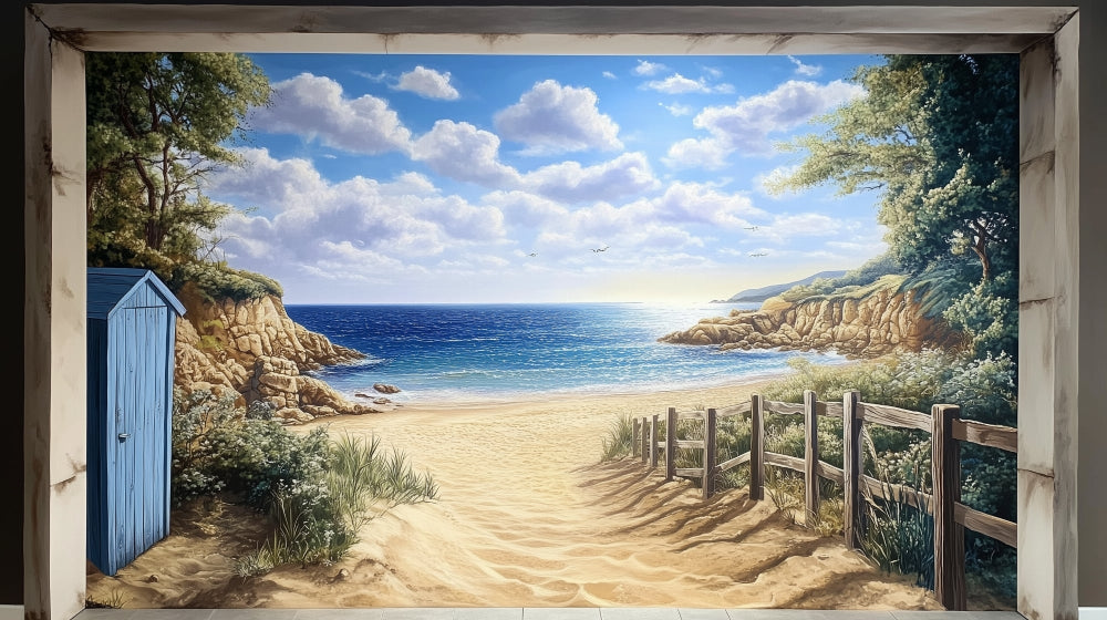 Beach paradise wallpaper design file showing detailed blue cabin and sandy path pattern