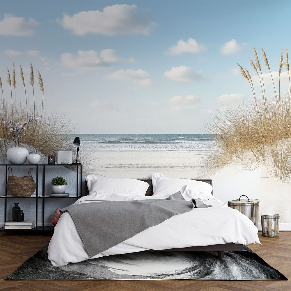 Beach wall mural creating a stunning focal point in a bright living room with coastal decor and natural light