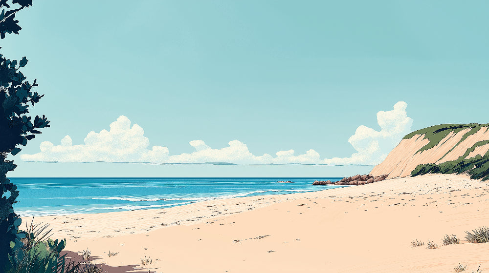Beach mural wallpaper design file showing turquoise waters meeting sandy shores beneath majestic coastal cliffs