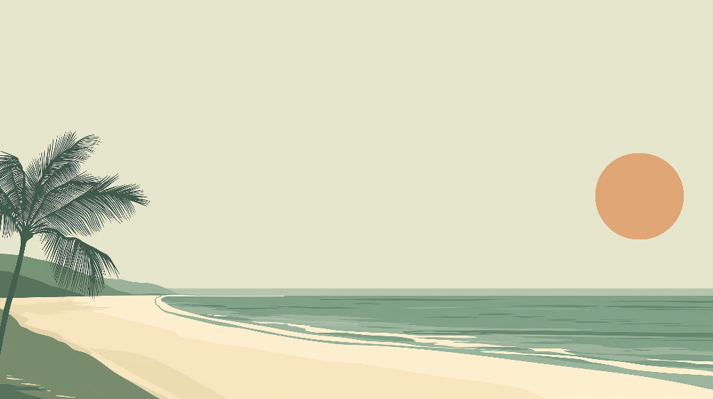 Minimalist beach wallpaper design file showing peaceful coastal scene with palm trees and terracotta sun