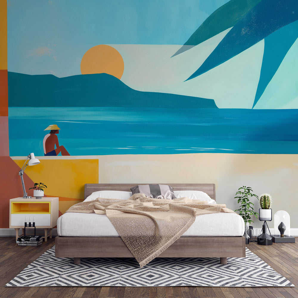 Modern abstract beach wallpaper creating a calm atmosphere in a minimalist living room with natural light