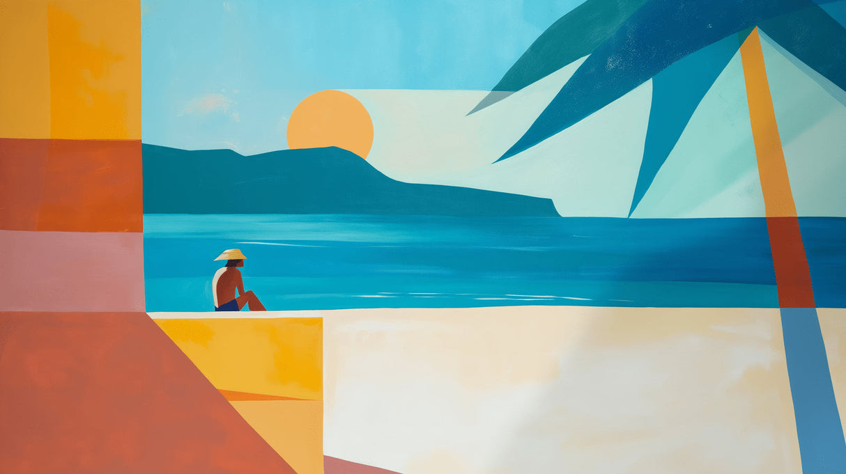 Beach scene wall mural bringing coastal vibes to a contemporary bedroom with neutral decor