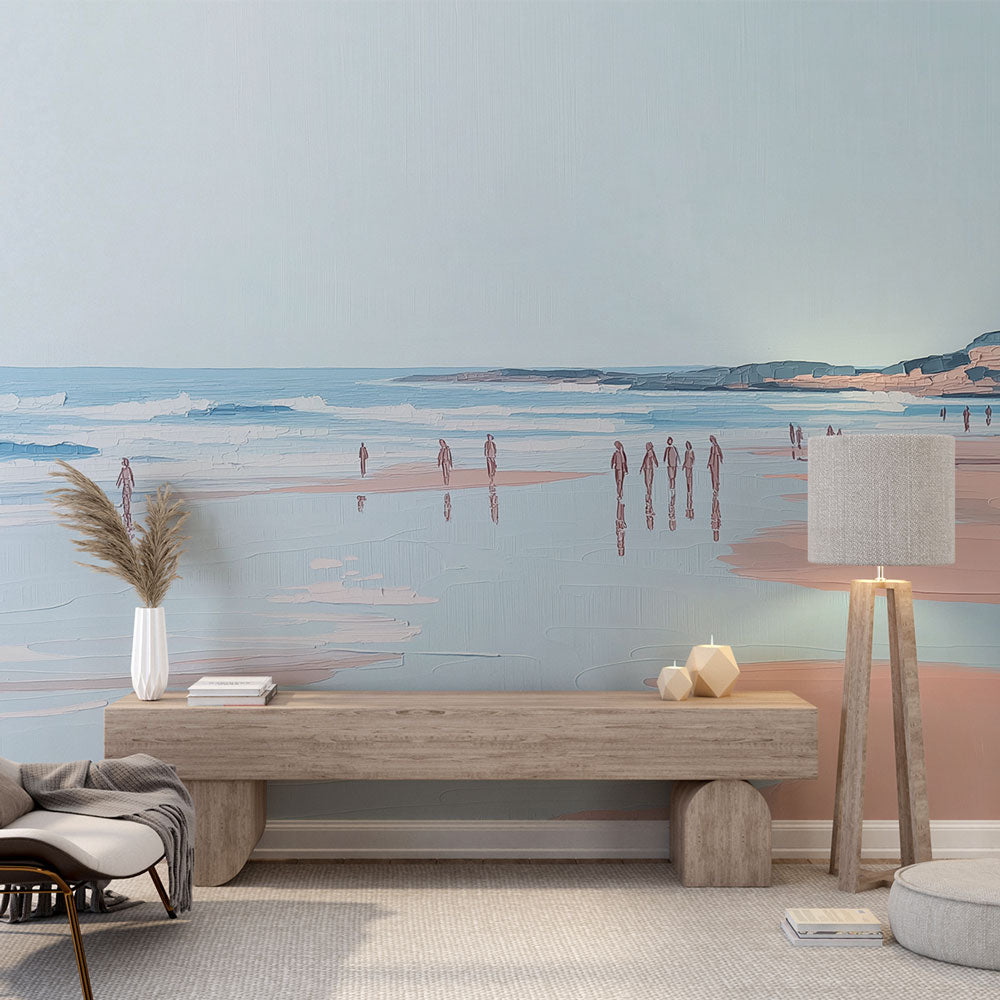 Beach scene wallpaper creating a calm coastal atmosphere in a modern living room with soft pastel colors and ocean views