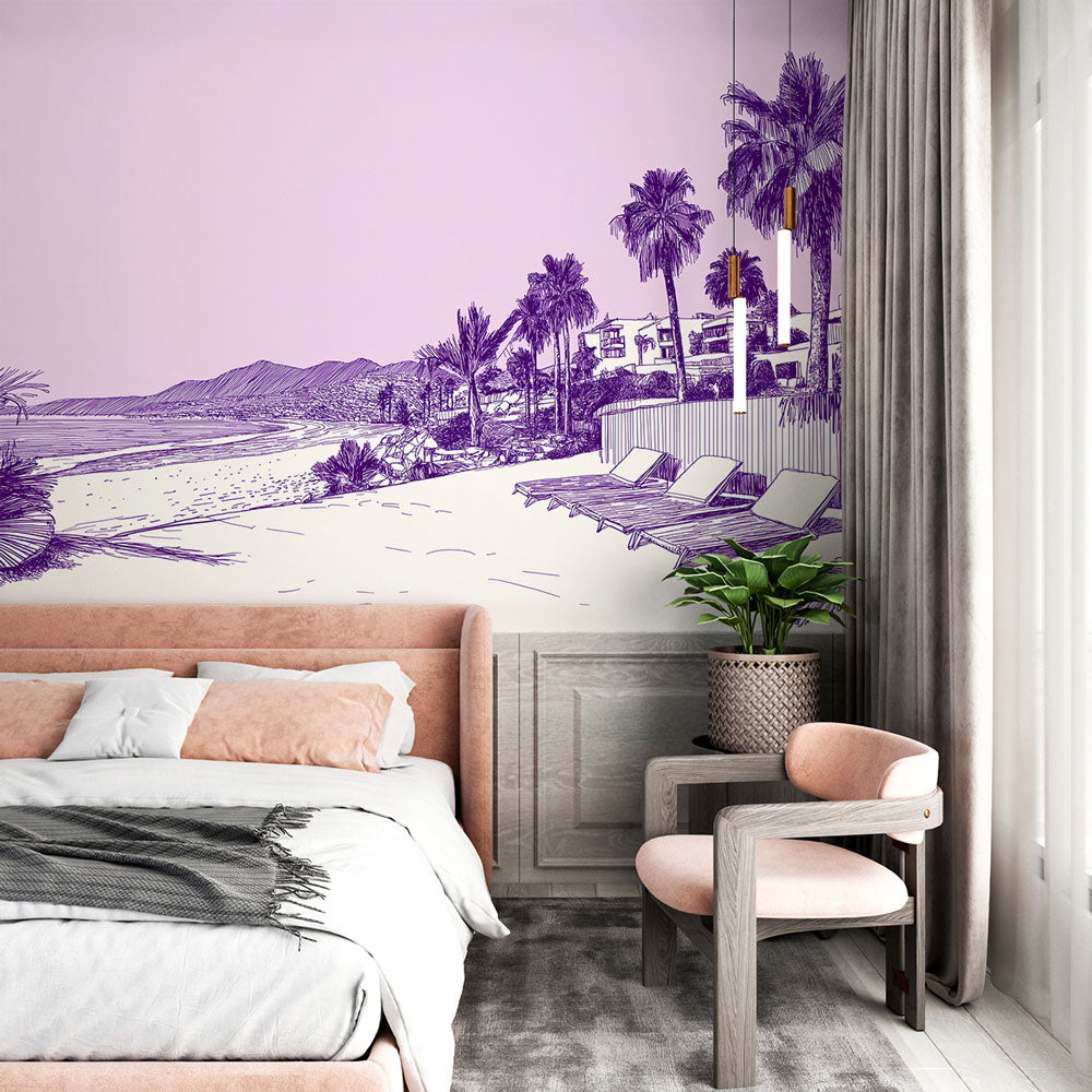Purple line art beach wallpaper creating a calm atmosphere in a modern living room with white furniture