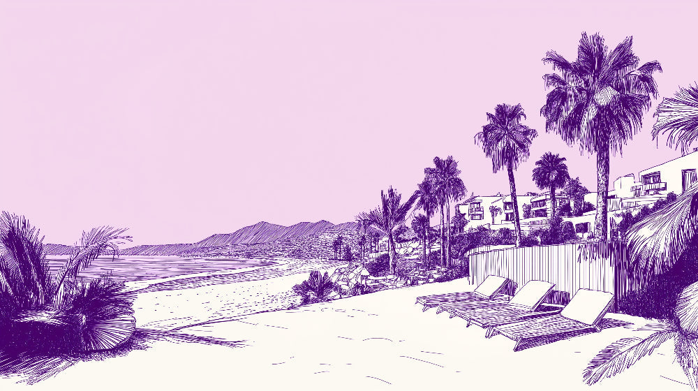 Beach mural wallpaper design file showing detailed purple line art coastal scene pattern
