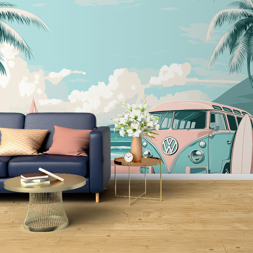 Beach mural wallpaper with retro van showing a bright coastal bedroom makeover with surf-inspired decor