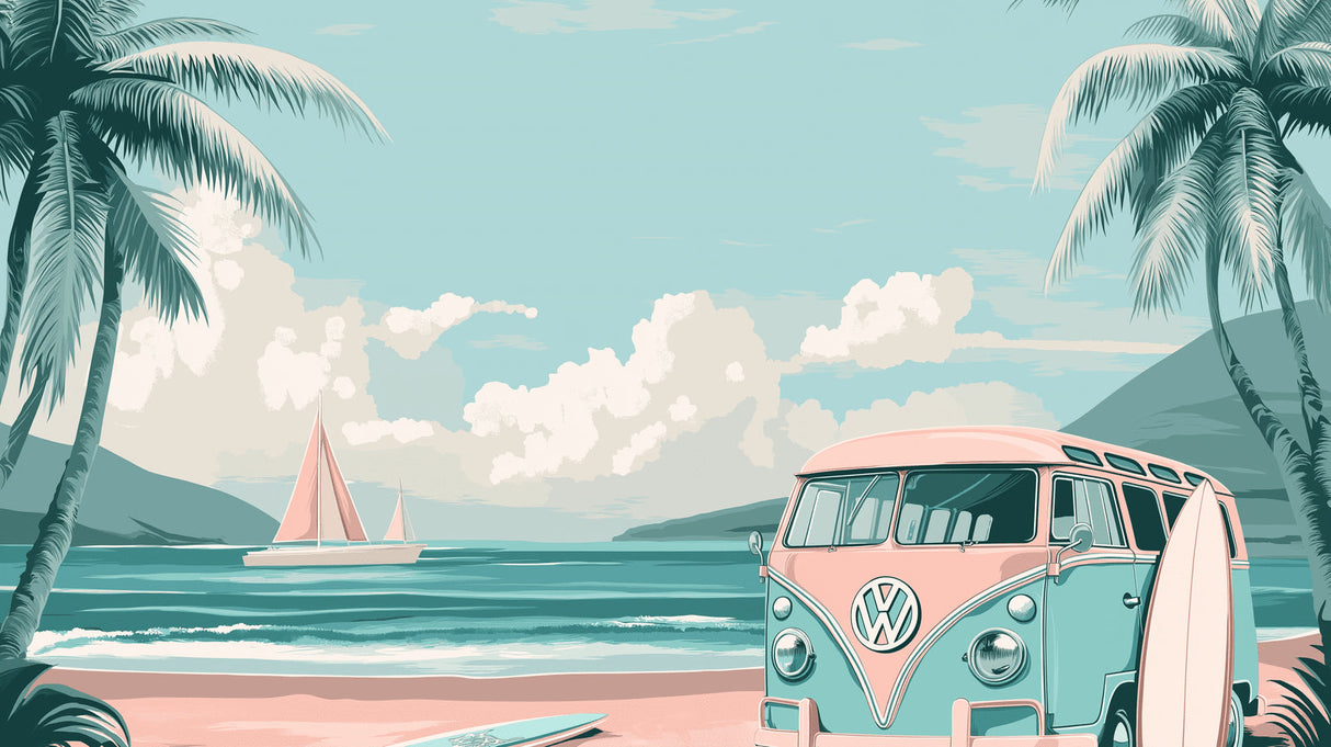 Beach paradise design file featuring vintage van, palm trees, and turquoise ocean