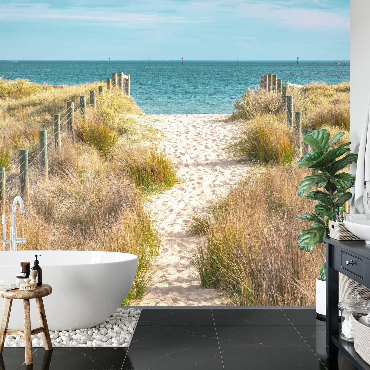 Ocean view wall mural transforming a master bedroom into a beachfront retreat
