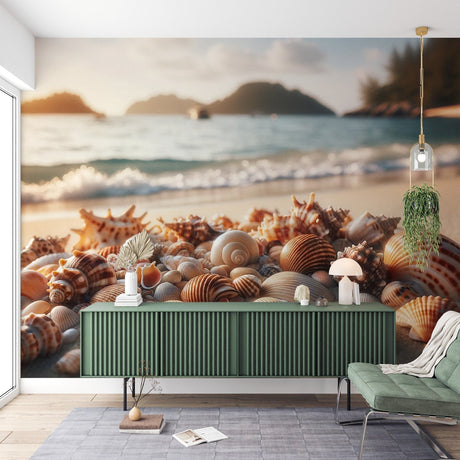 Beach mural wallpaper with seashells creating a coastal paradise feel in a modern bedroom with natural light