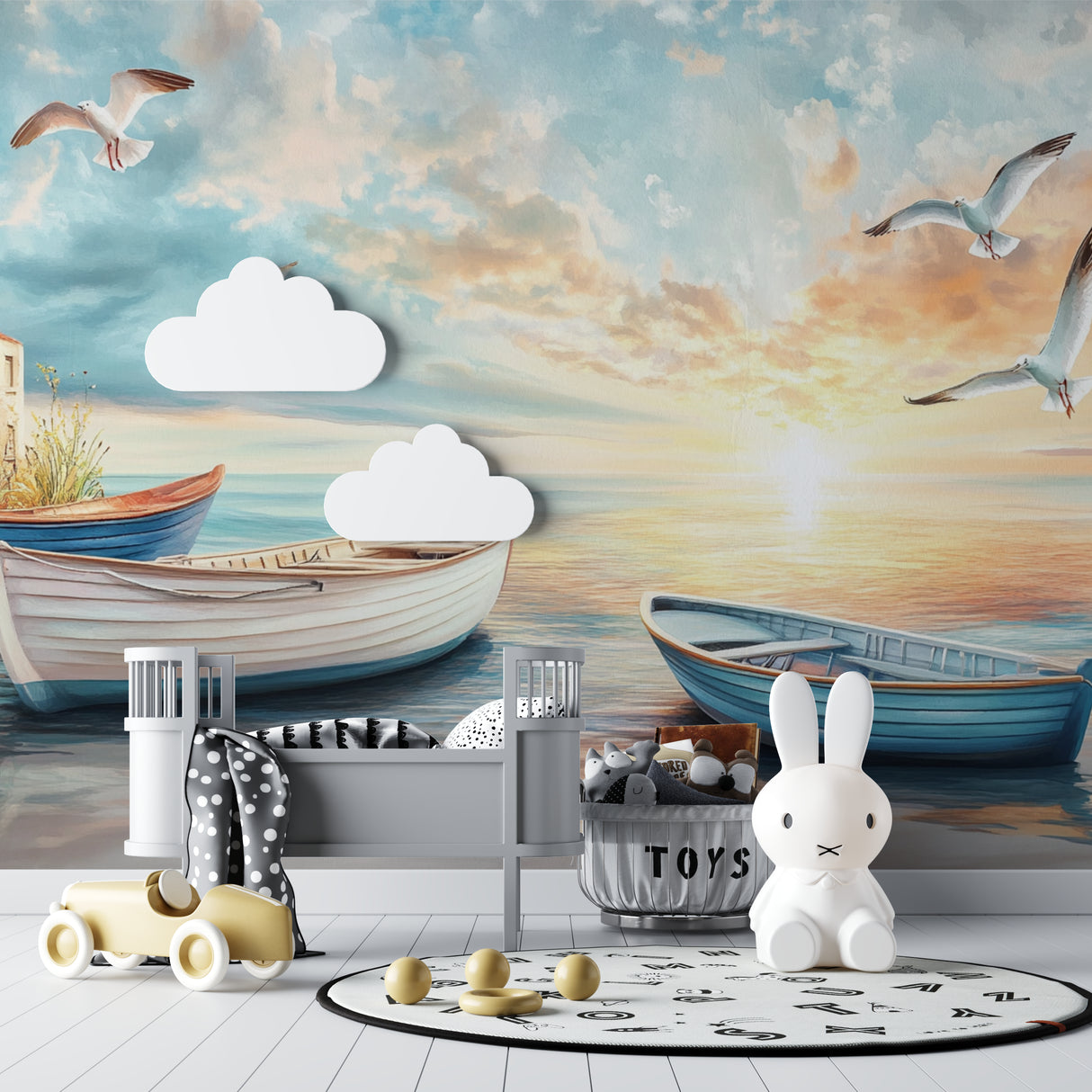 Beach scene mural adding warmth to dining room with wooden table