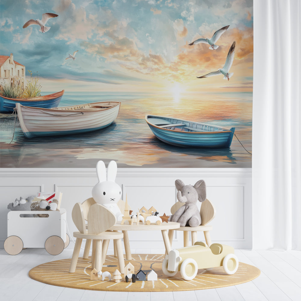 Coastal wallpaper bringing beach vibes to home office space