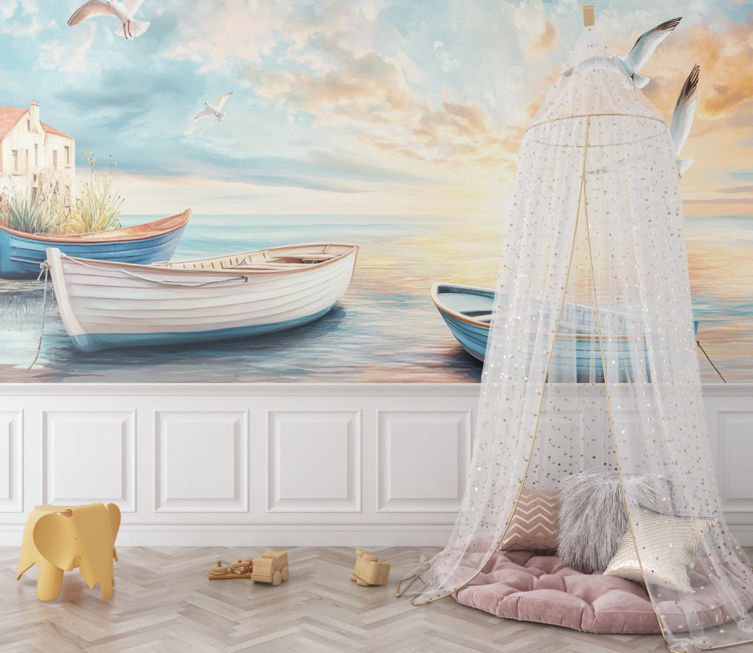 Maritime wall mural creating cozy atmosphere in reading nook