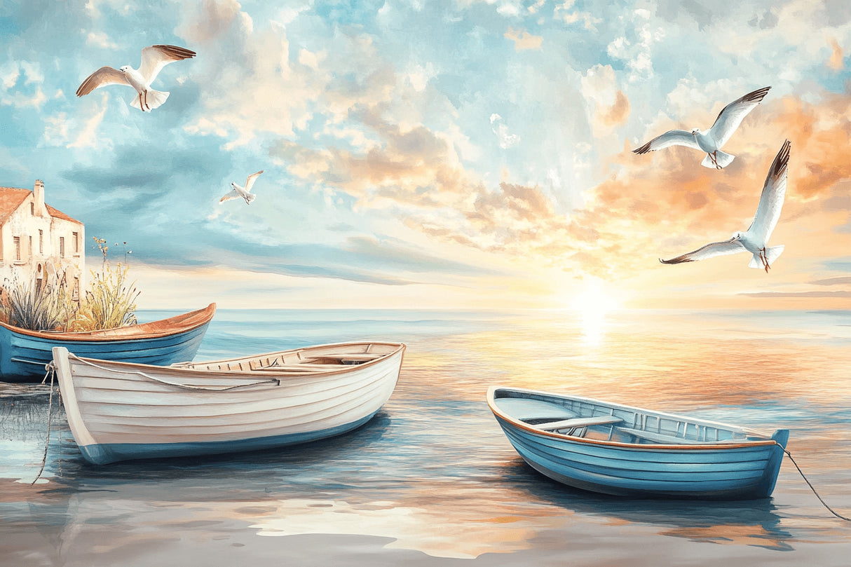 Beach wallpaper design file showing detailed seaside scene with boats and sunset