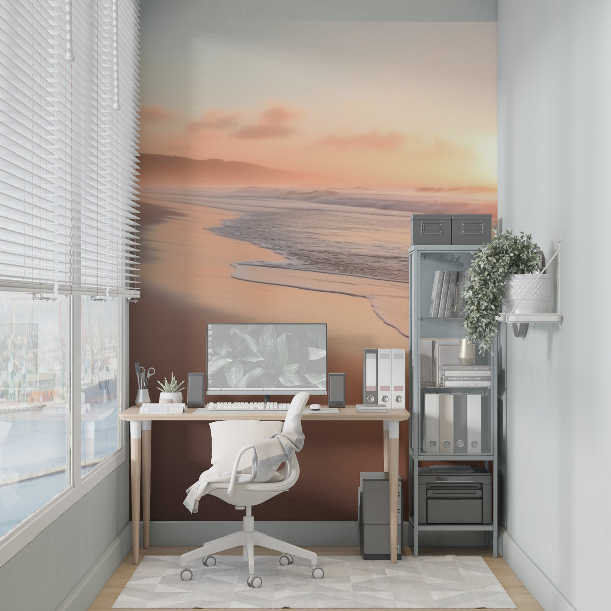 Beach sunset wallpaper in modern living room with coastal decor