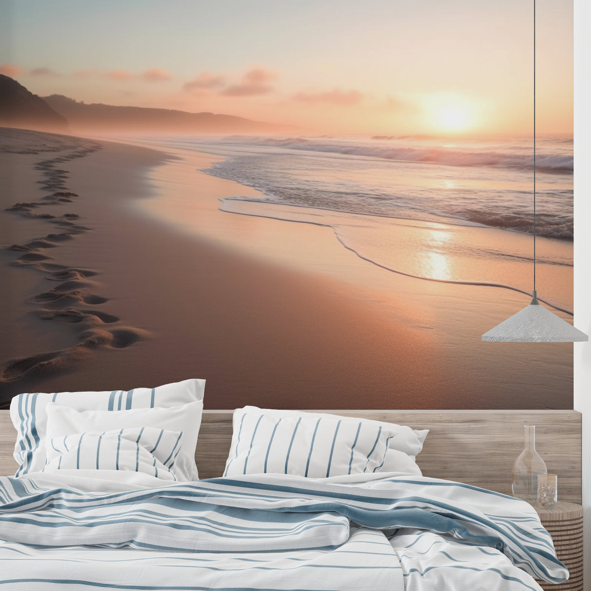 Ocean paradise mural creating calm atmosphere in master bedroom
