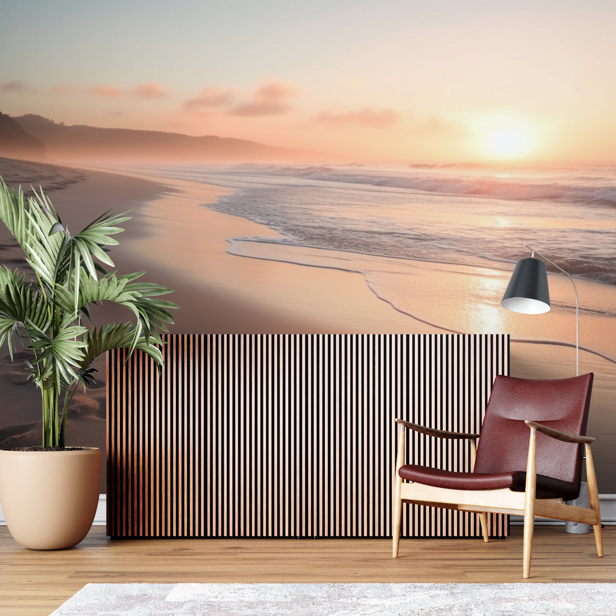 Beach scene mural adding depth to dining room wall