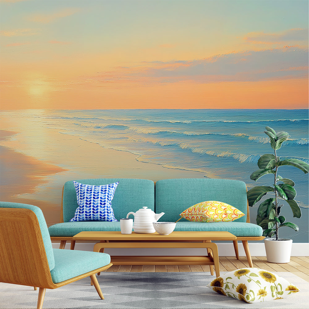 Beach sunset wallpaper creating a serene atmosphere in a modern coastal living room with natural light