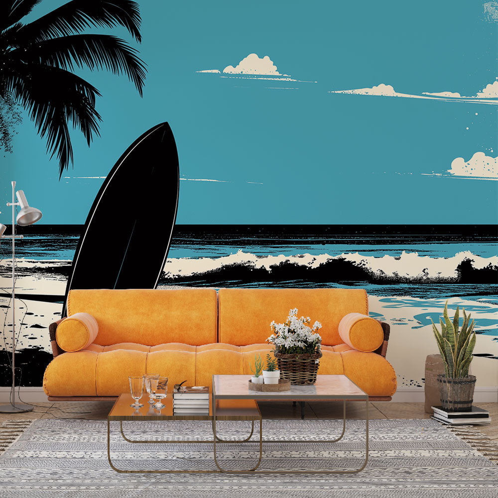 Beach scene wallpaper with black surfboard and turquoise sky shown in modern living room with minimal furniture