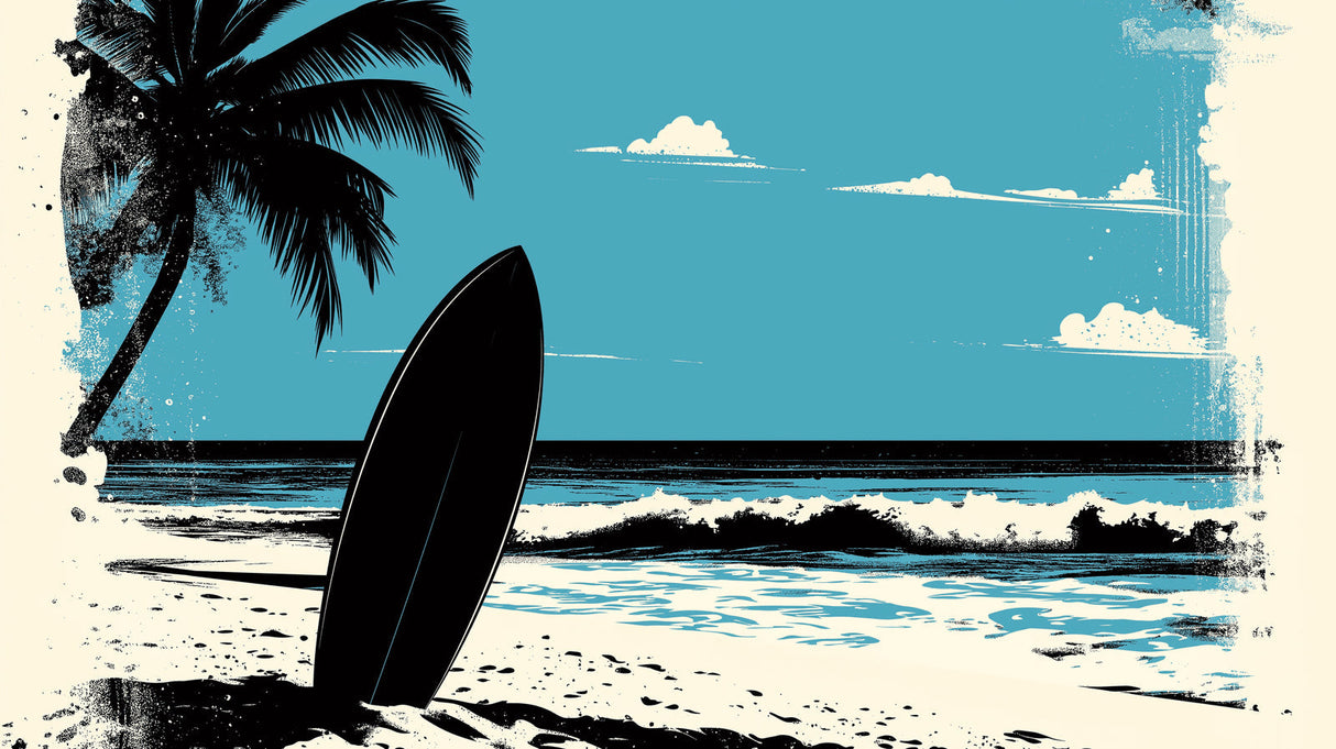 Black and turquoise surf paradise design file showing complete pattern with palm silhouettes