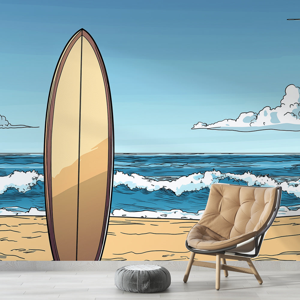 Beach scene wallpaper with surfboard displayed in a bright modern living room, showing coastal wall mural above white sofa