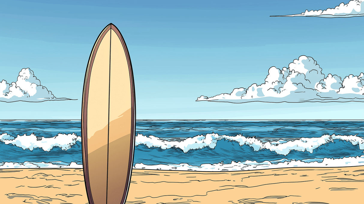 Beach wall mural design file showing detailed surfboard and rolling ocean waves pattern