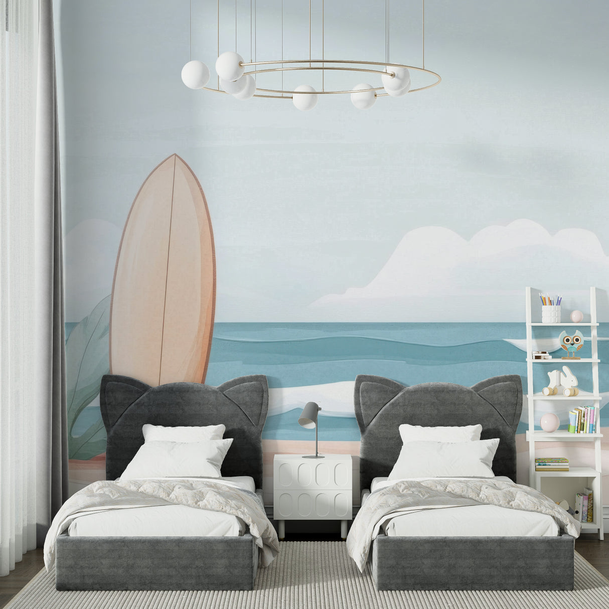Beach scene wallpaper with surfboard bringing coastal vibes to modern living room