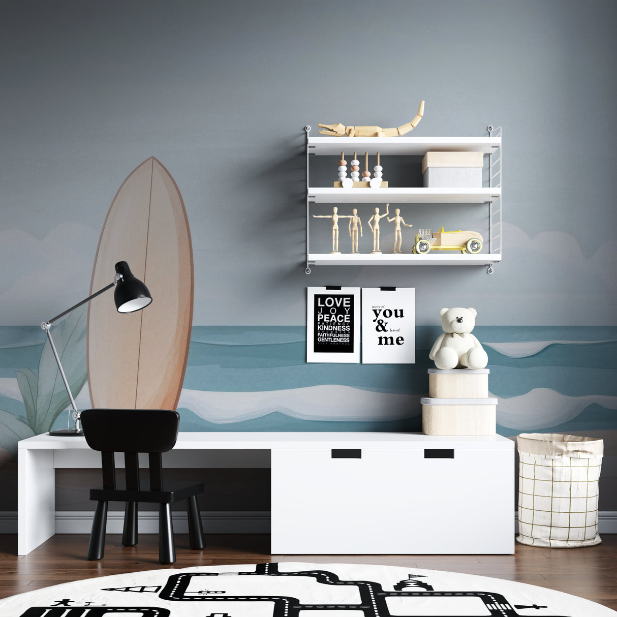 Surf themed wall mural creating relaxed atmosphere in teen bedroom