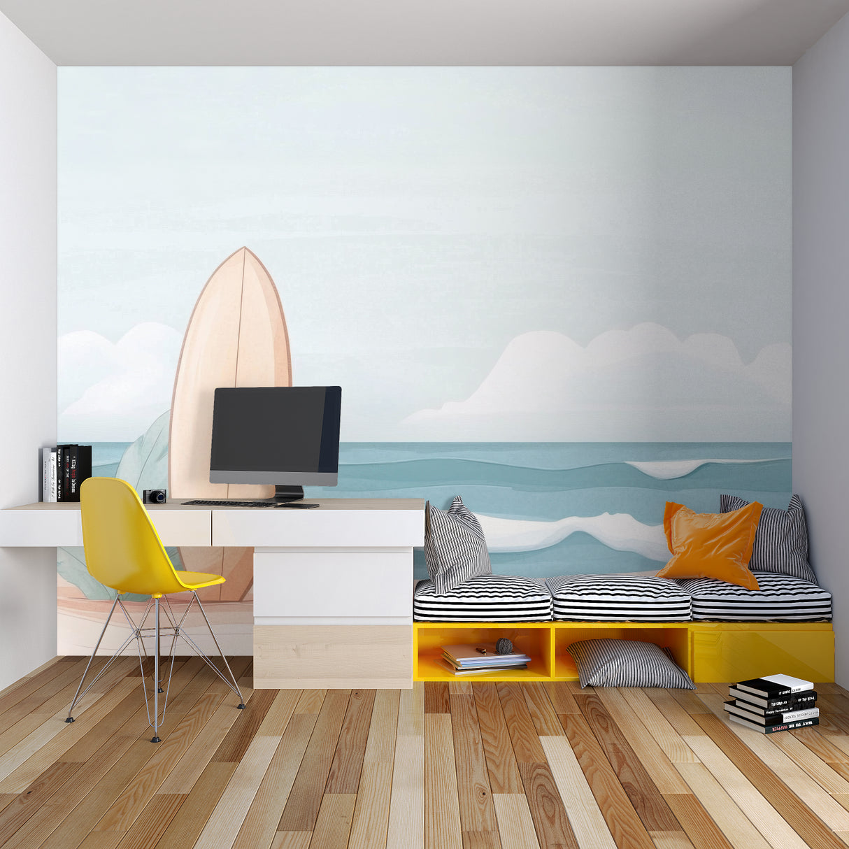 Surf wall mural bringing summer vibes to dining room setting