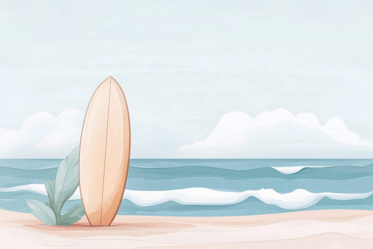 Beach scene wallpaper design file showing detailed ocean waves and surfboard pattern