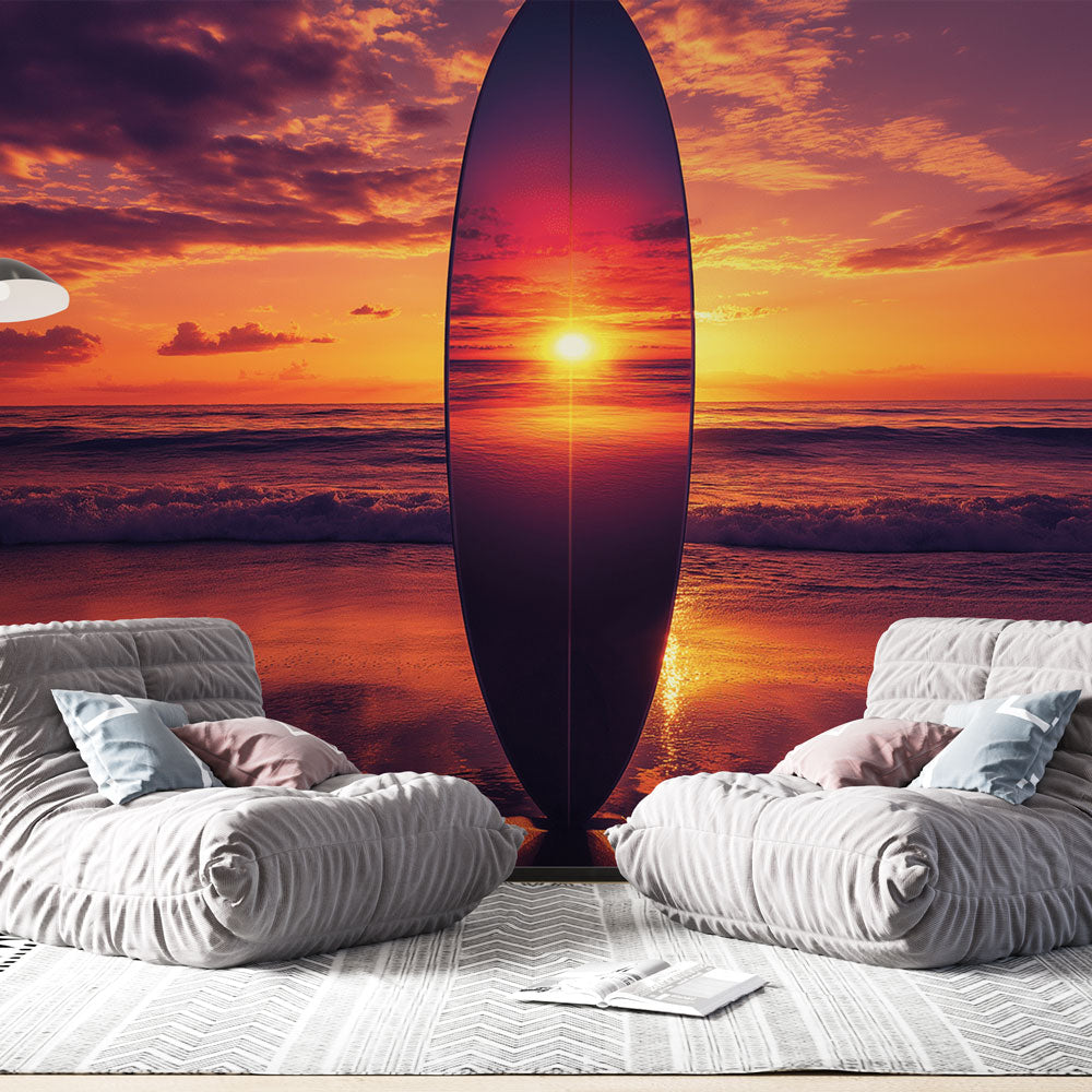 Beach sunset wallpaper with surfboard silhouette shown in modern coastal living room with white furniture and natural light