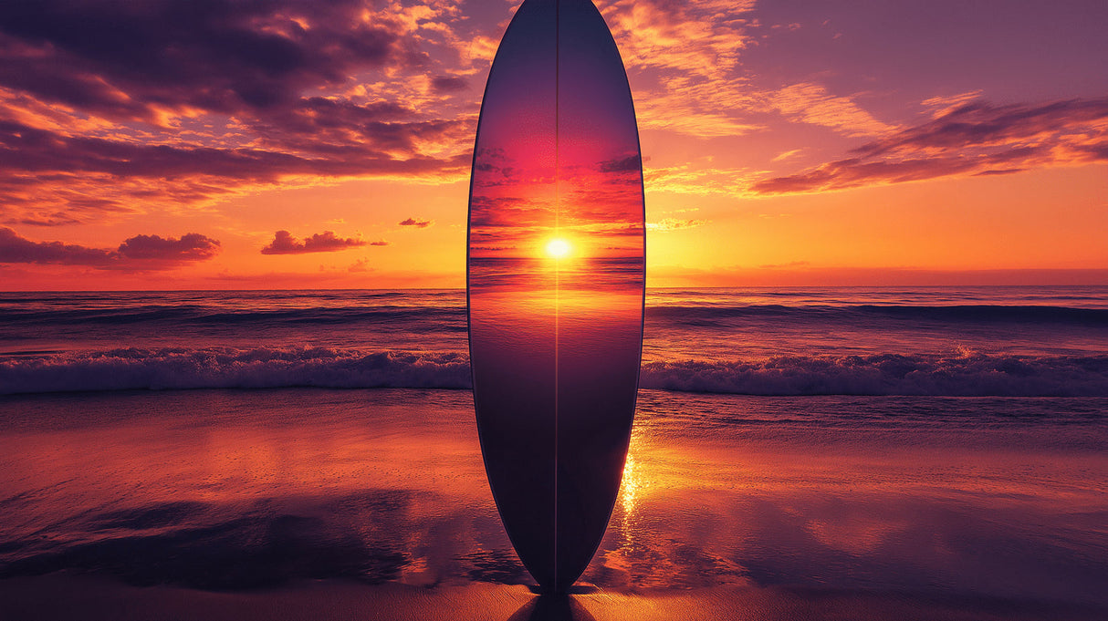Beach sunset wallpaper design file showing detailed surfboard silhouette against orange and purple sky