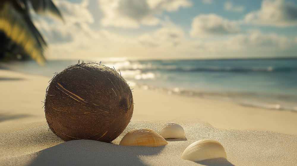 Tropical beach wallpaper design file showing detailed coconuts and seashells pattern