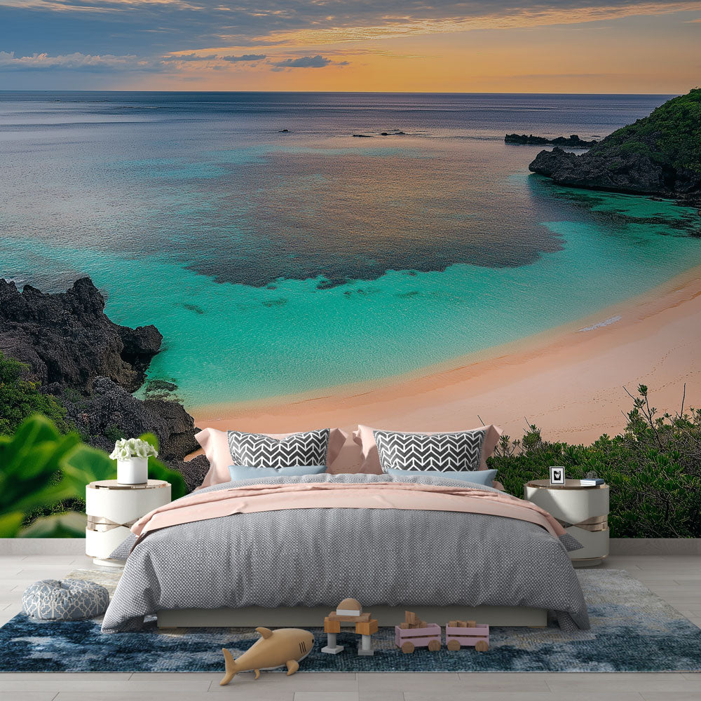 Tropical beach paradise wallpaper creating a stunning focal point in a modern living room with clean white furniture