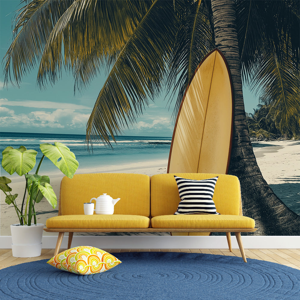 Beach paradise wallpaper creating a stunning coastal atmosphere in a modern living room with natural light