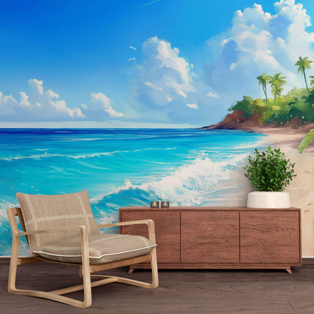 Beach mural wallpaper creating a stunning focal point in a modern living room with natural light highlighting the turquoise waters
