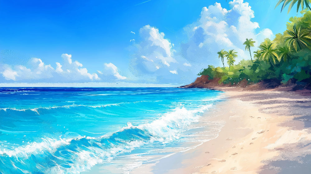 Tropical beach paradise design file showing detailed palm trees and pristine turquoise ocean waves