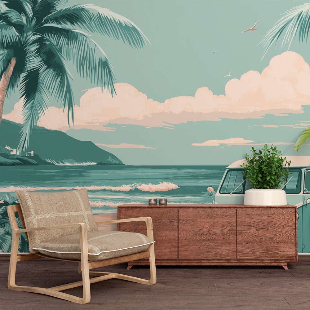 Beach wallpaper with vintage surf van shown in a bright modern living room, creating a relaxed coastal atmosphere
